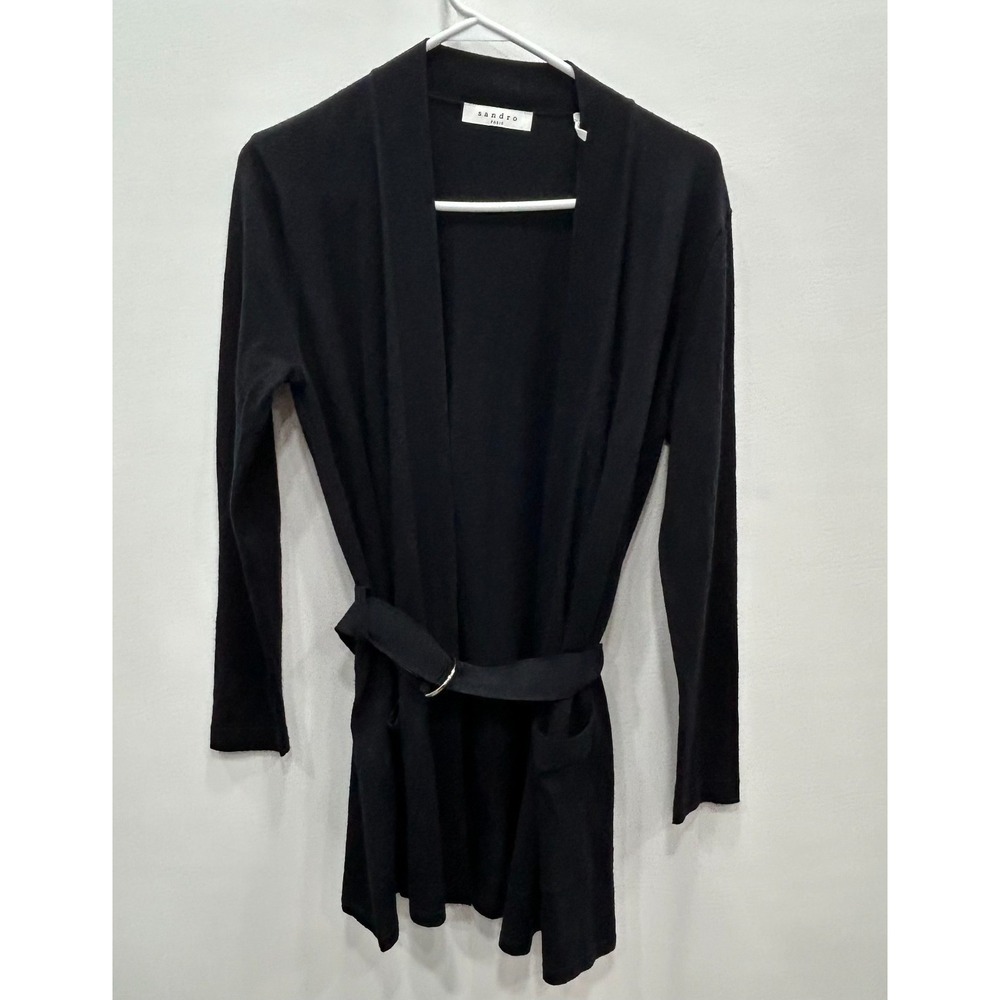 Sandro Paris Merino Wool Cardigan Womens S Black Open Front Belted Knit Capsule